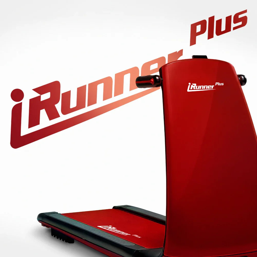 Red iRunner Plus treadmill with modern design and large logo on a white background