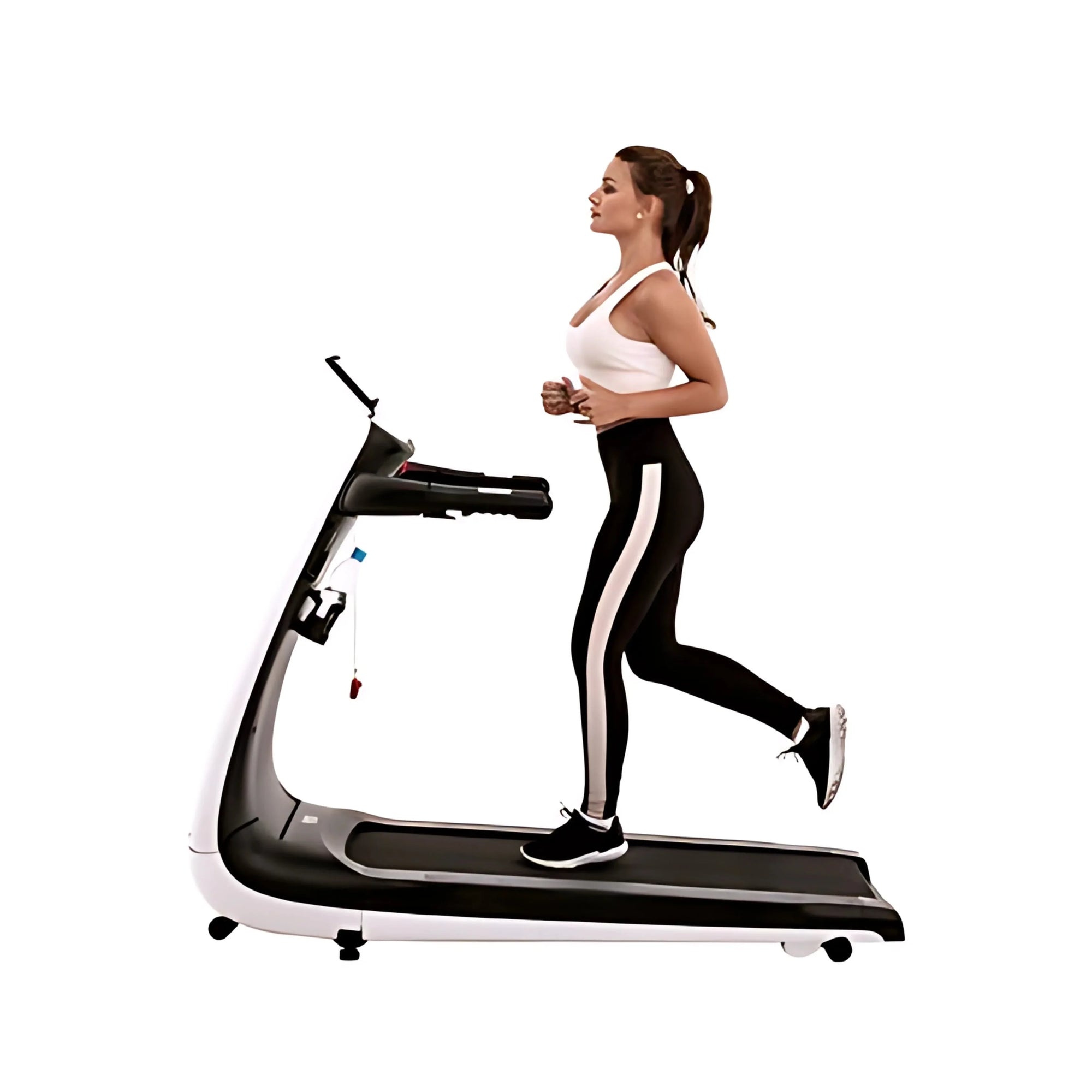 A woman running on the BeHealthy Treadmill, a sleek and compact folding treadmill designed for home fitness.