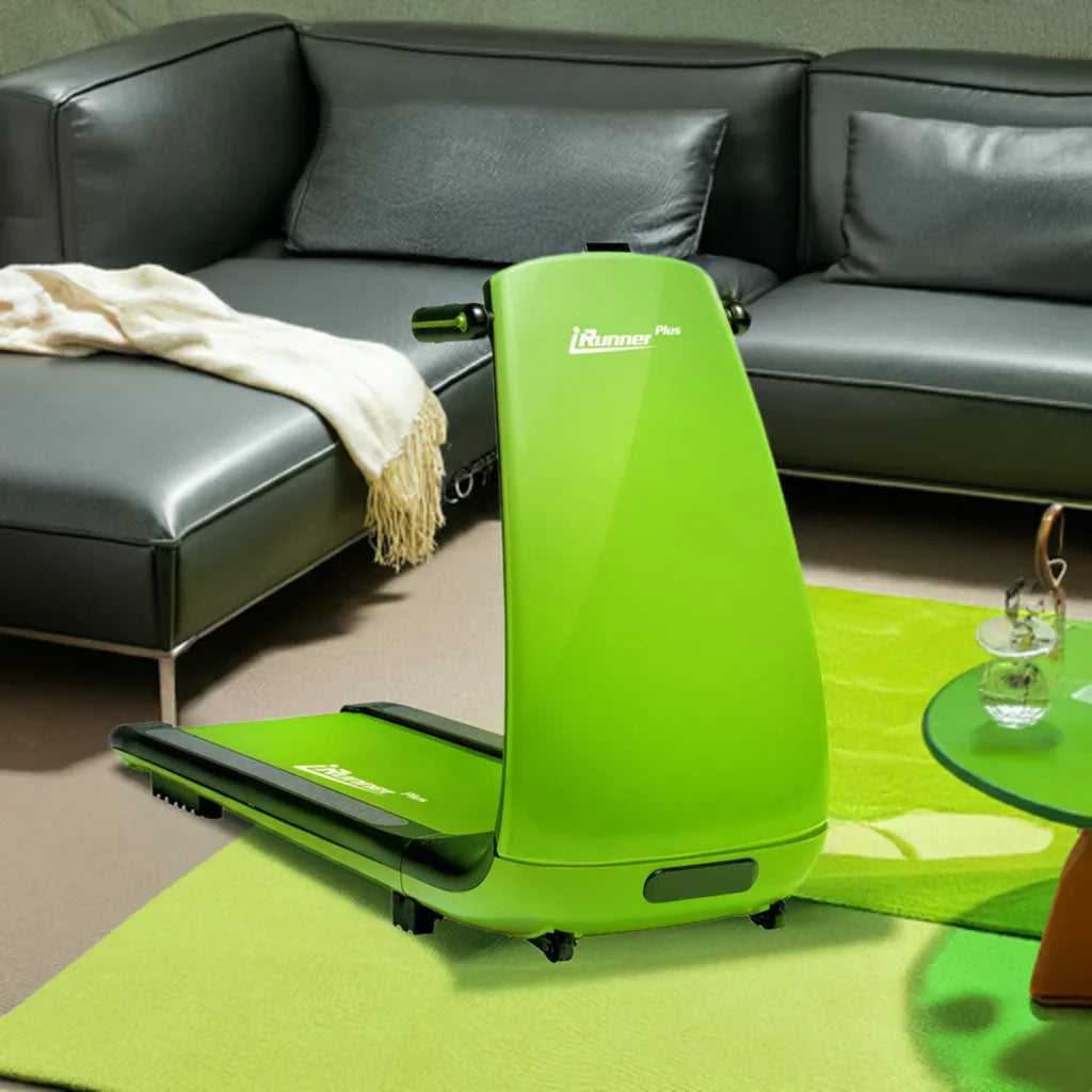 Green iRunner Plus treadmill on green rug in modern living room with grey sofa.