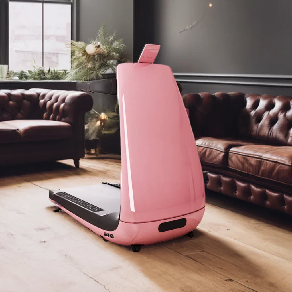 A sleek and compact foldable treadmill placed in a modern living room, showcasing its space-saving design.