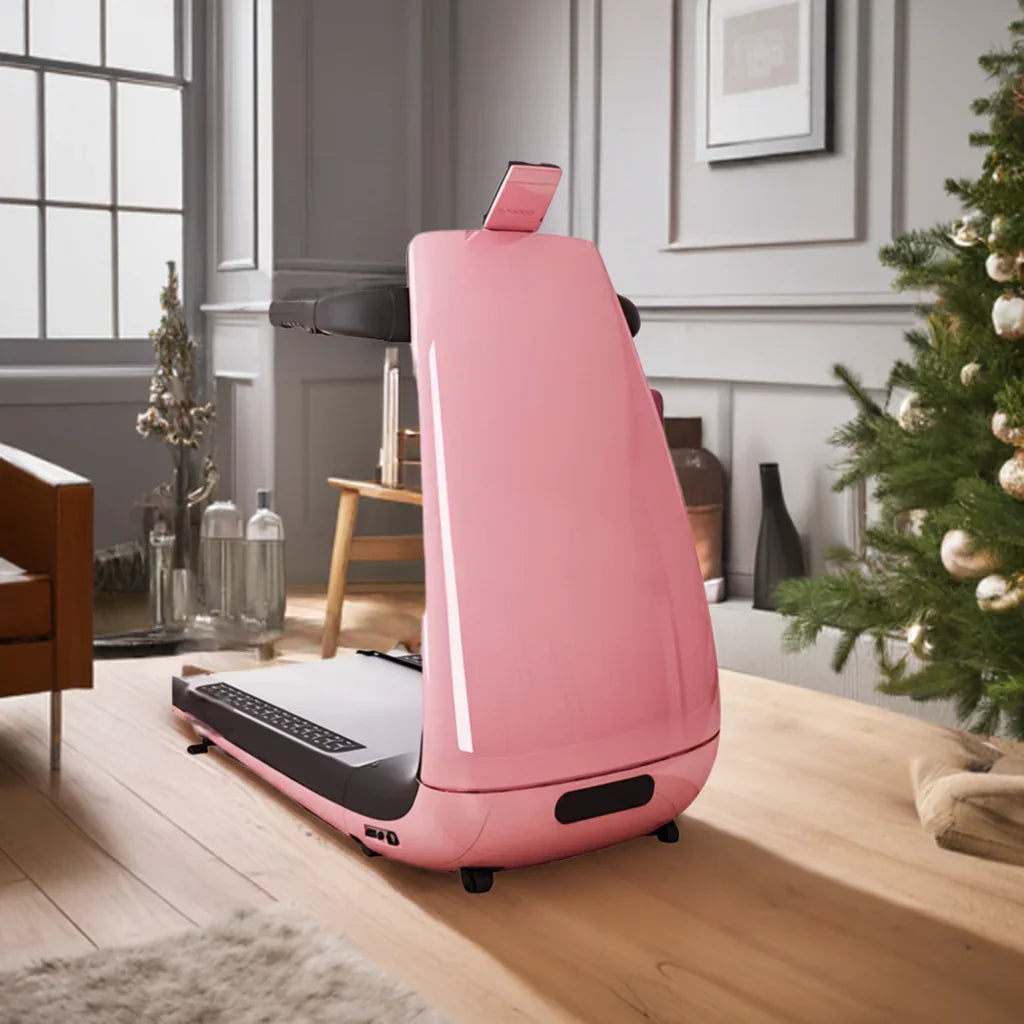 BeHealthy Treadmill in Pink under a Christmas tree, the perfect health-focused holiday gift