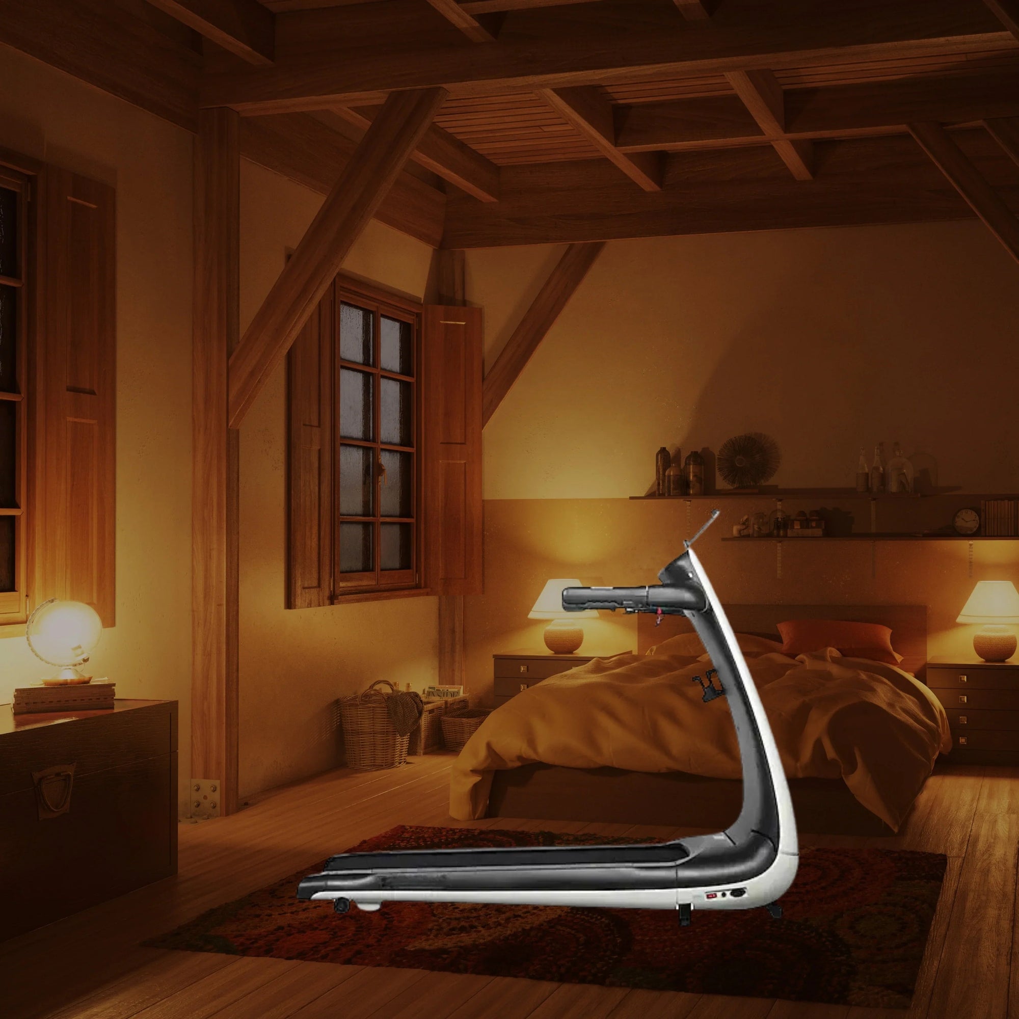Modern Fuji treadmill in cozy wooden bedroom with warm lighting