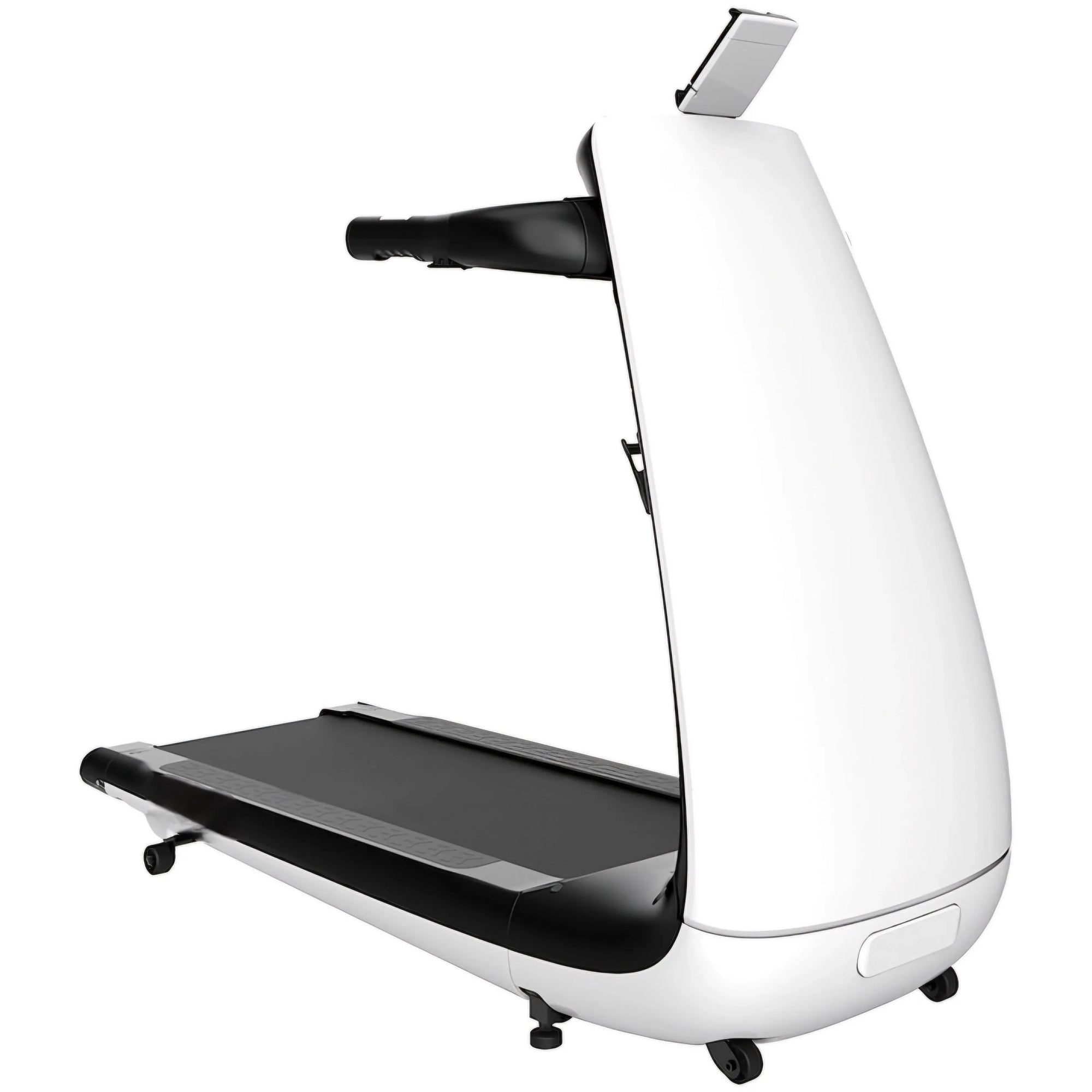BeHealthy White treadmill in a minimalist home setting, emphasizing its sleek design, compact foldability, and advanced features for convenient home workouts.