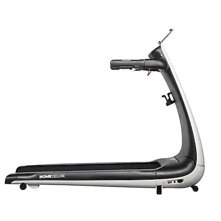 Modern black and white Home Deluxe treadmill side view, fitness equipment for home gym