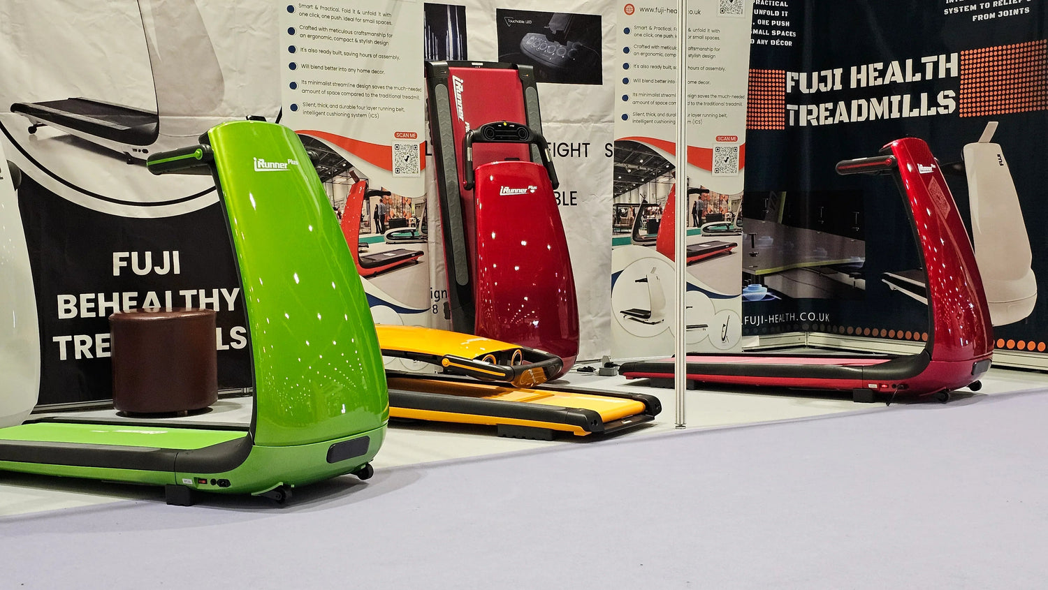 Modern colorful treadmills on display at Fuji Health Treadmills exhibition booth