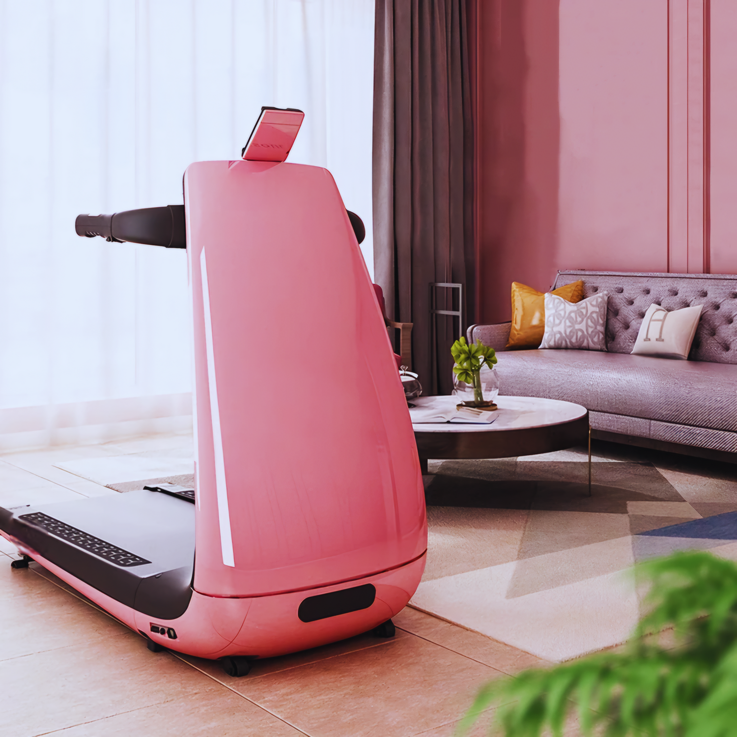 A collection of BeHealthy Smart Treadmills displayed in white, ruby red, and ace pink, highlighting their compact design and premium features for fitness enthusiasts