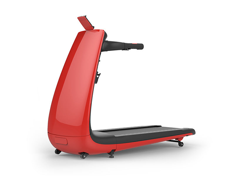 BeHealthy Treadmill with a sleek red design, compact and foldable for small spaces, featuring an ergonomic build and intelligent cushioning system for a smooth running experience.