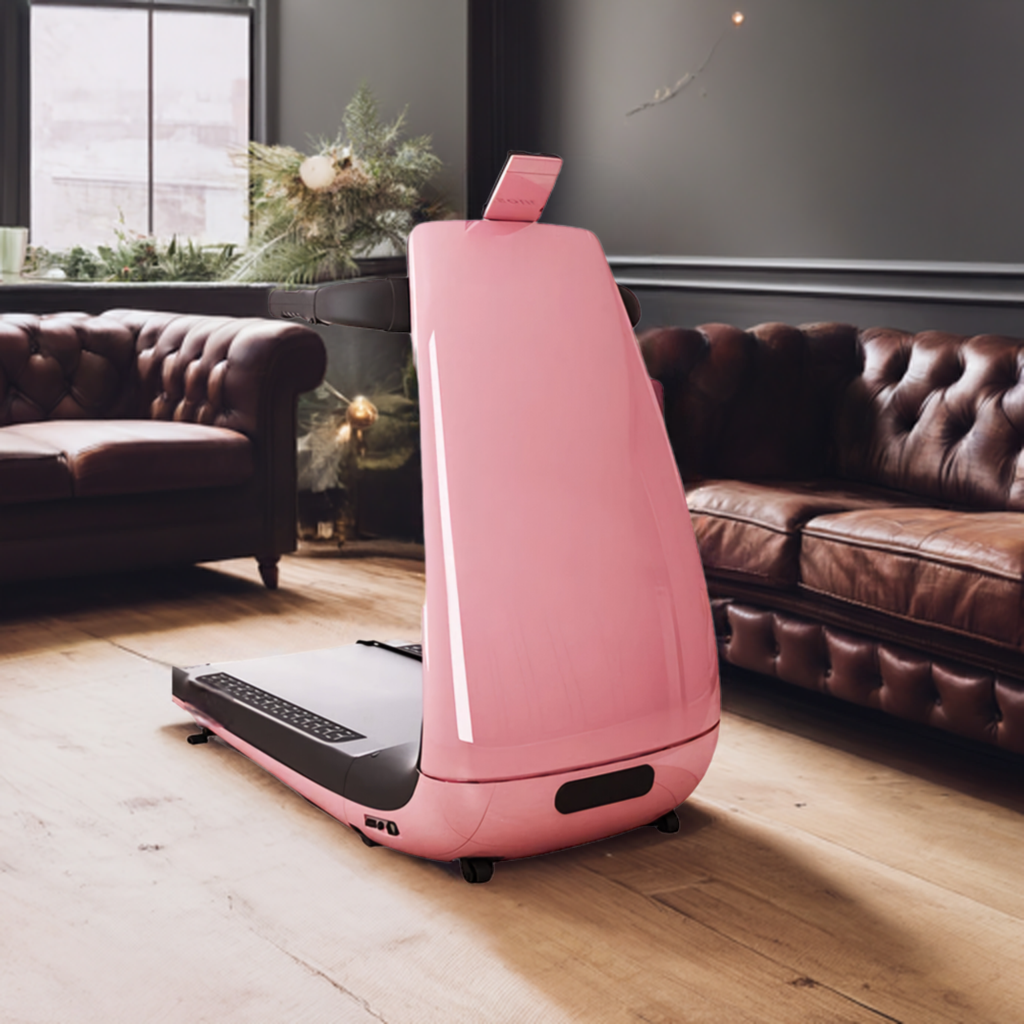 A sleek and compact foldable treadmill placed in a modern living room, showcasing its space-saving design.