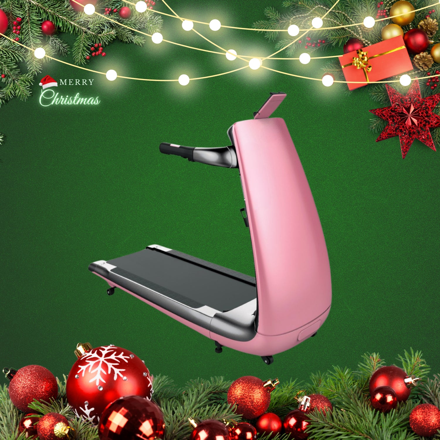 Wrapped treadmill with a bow in a festive living room, ideal as a fitness gift for 2024.