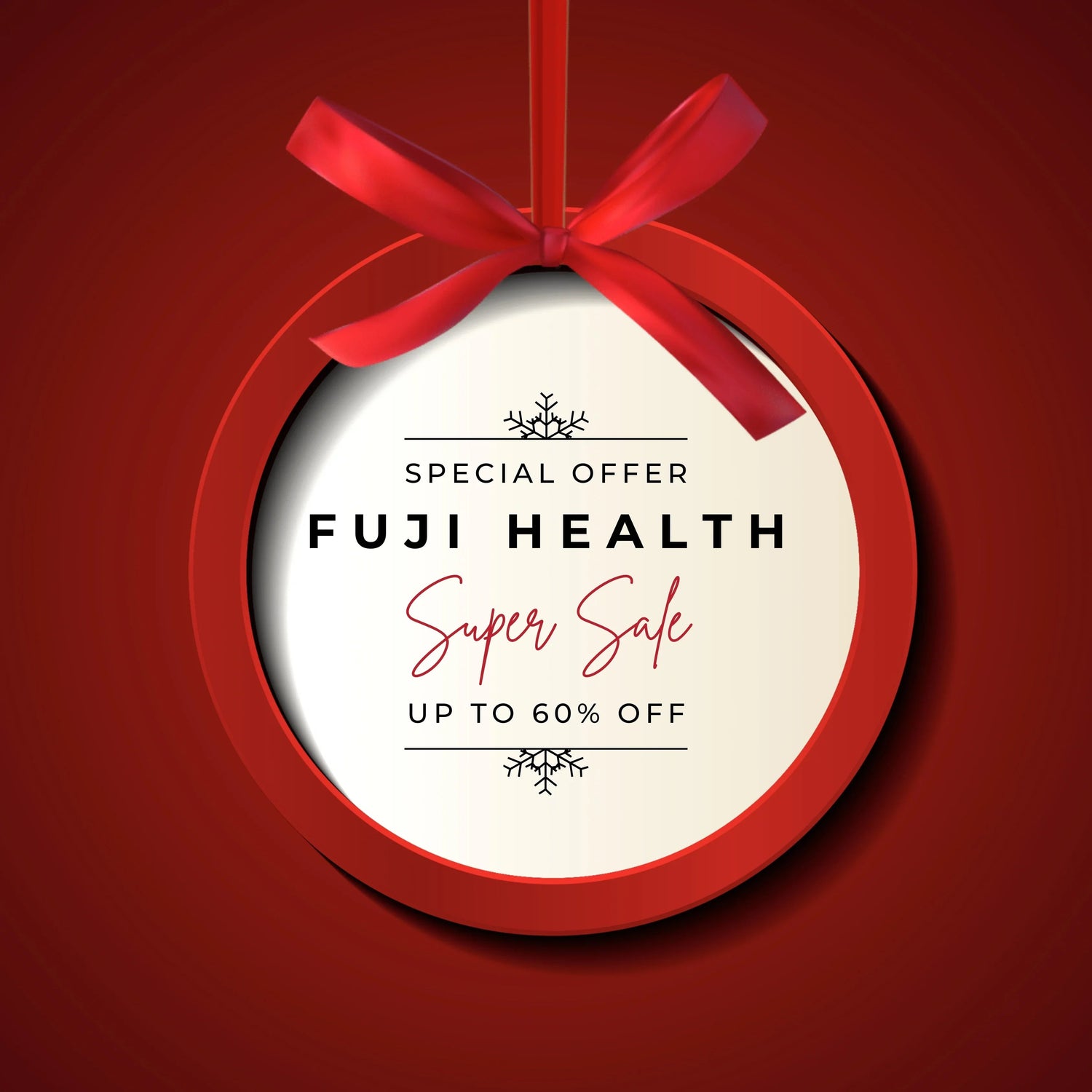 Fuji Health super sale special offer tag with red ribbon, up to 60% off.