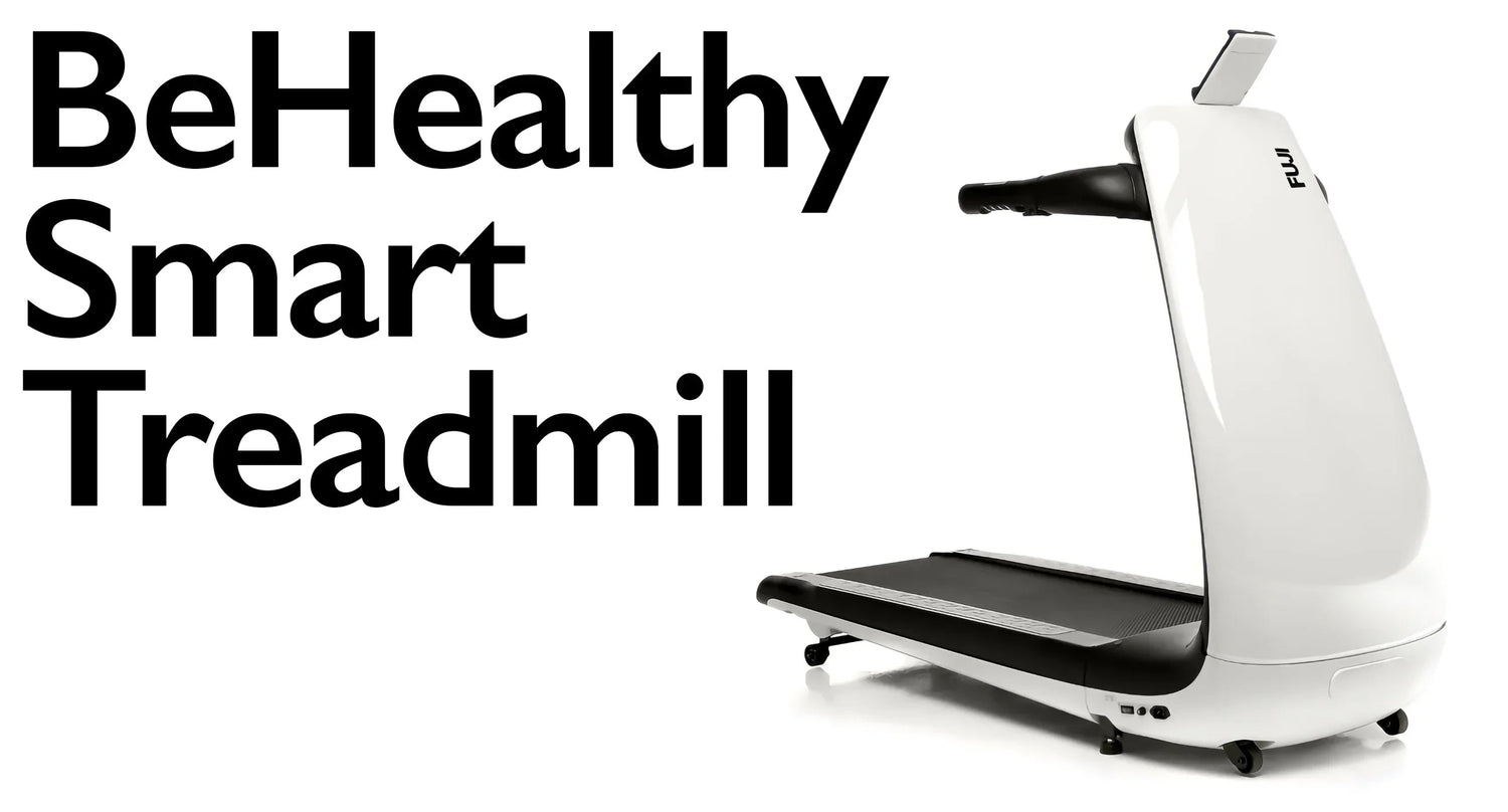 Modern white smart treadmill with sleek design and 'BeHealthy Smart Treadmill' text