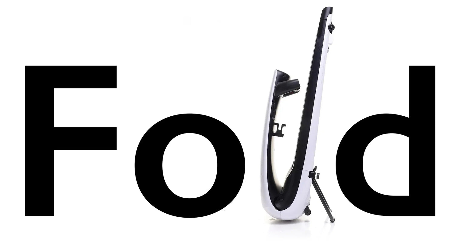 Foldable electric scooter in profile with bold 'Fold' text, white background