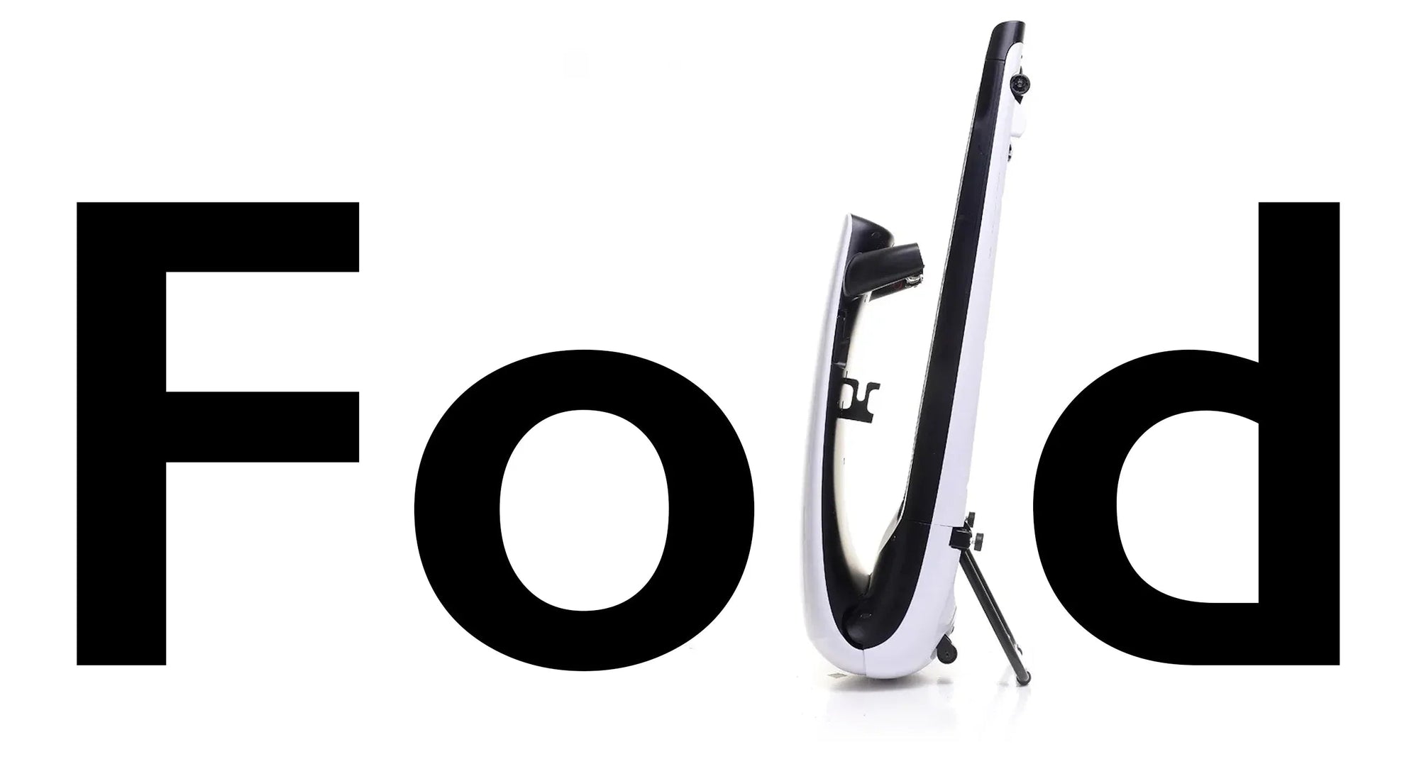 Foldable electric scooter in profile with bold 'Fold' text, white background