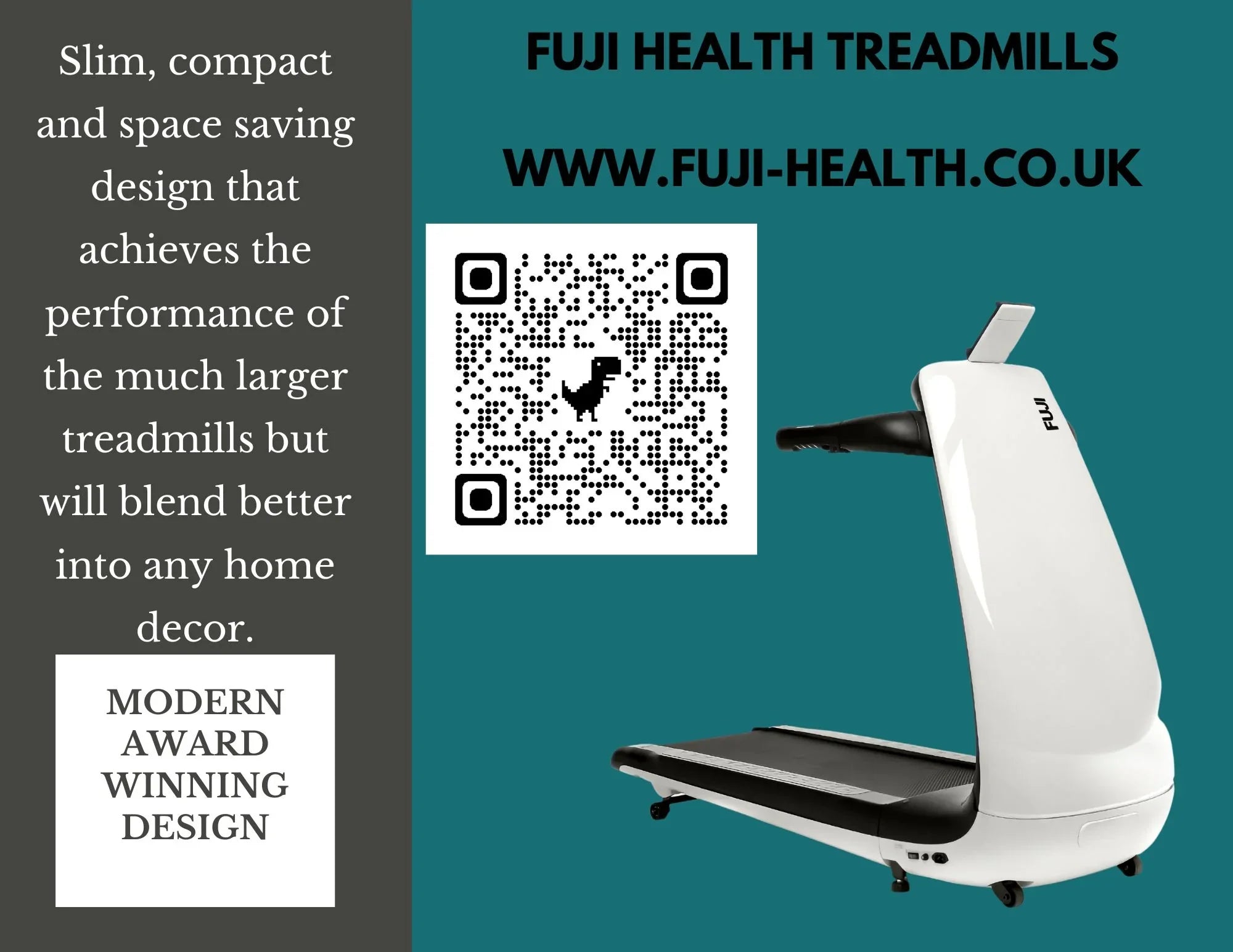 Fuji Health Treadmills modern white treadmill, QR code, and website link on teal background