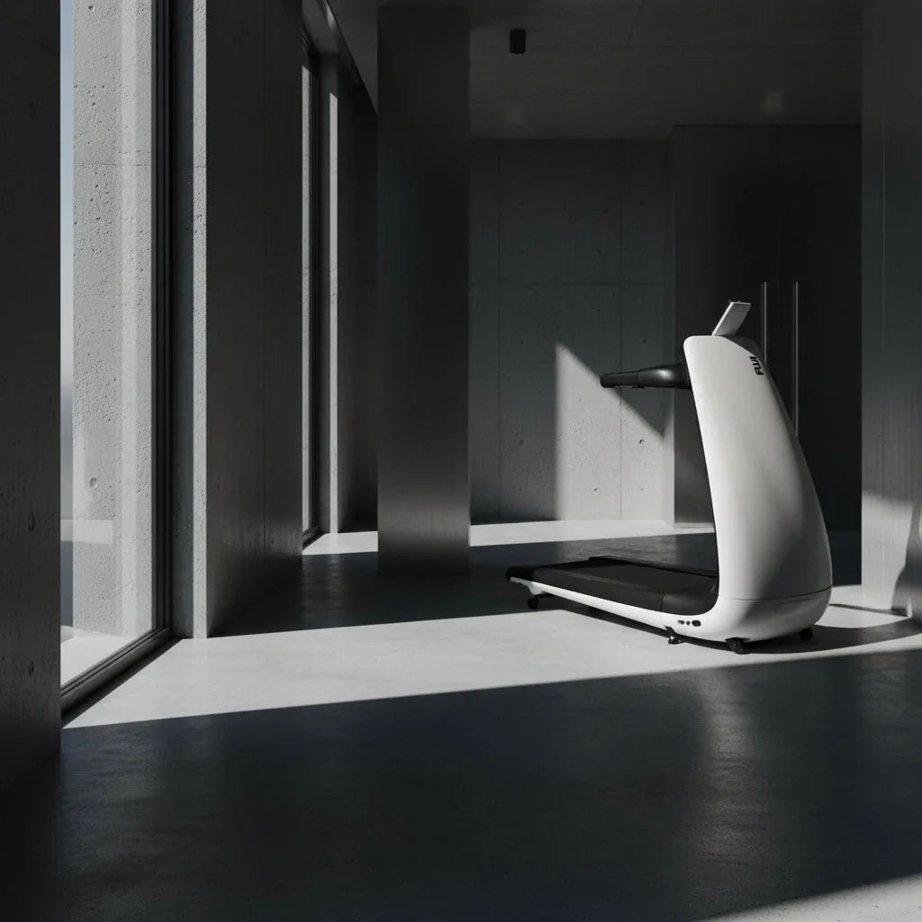 Modern white treadmill in a minimalist home gym with concrete walls and large windows.
