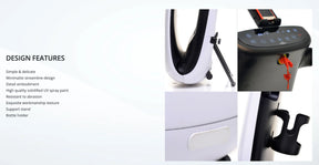 Modern minimalist exercise equipment with support stand, control panel, and bottle holder, design features list.