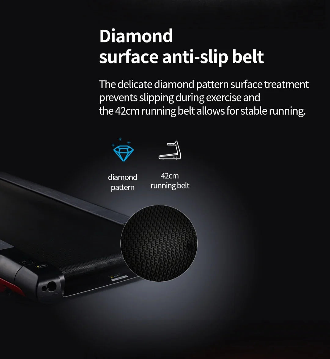 Treadmill with 42cm diamond pattern anti-slip running belt detail and feature icons