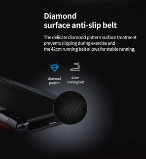 Treadmill with 42cm diamond pattern anti-slip running belt detail and feature icons