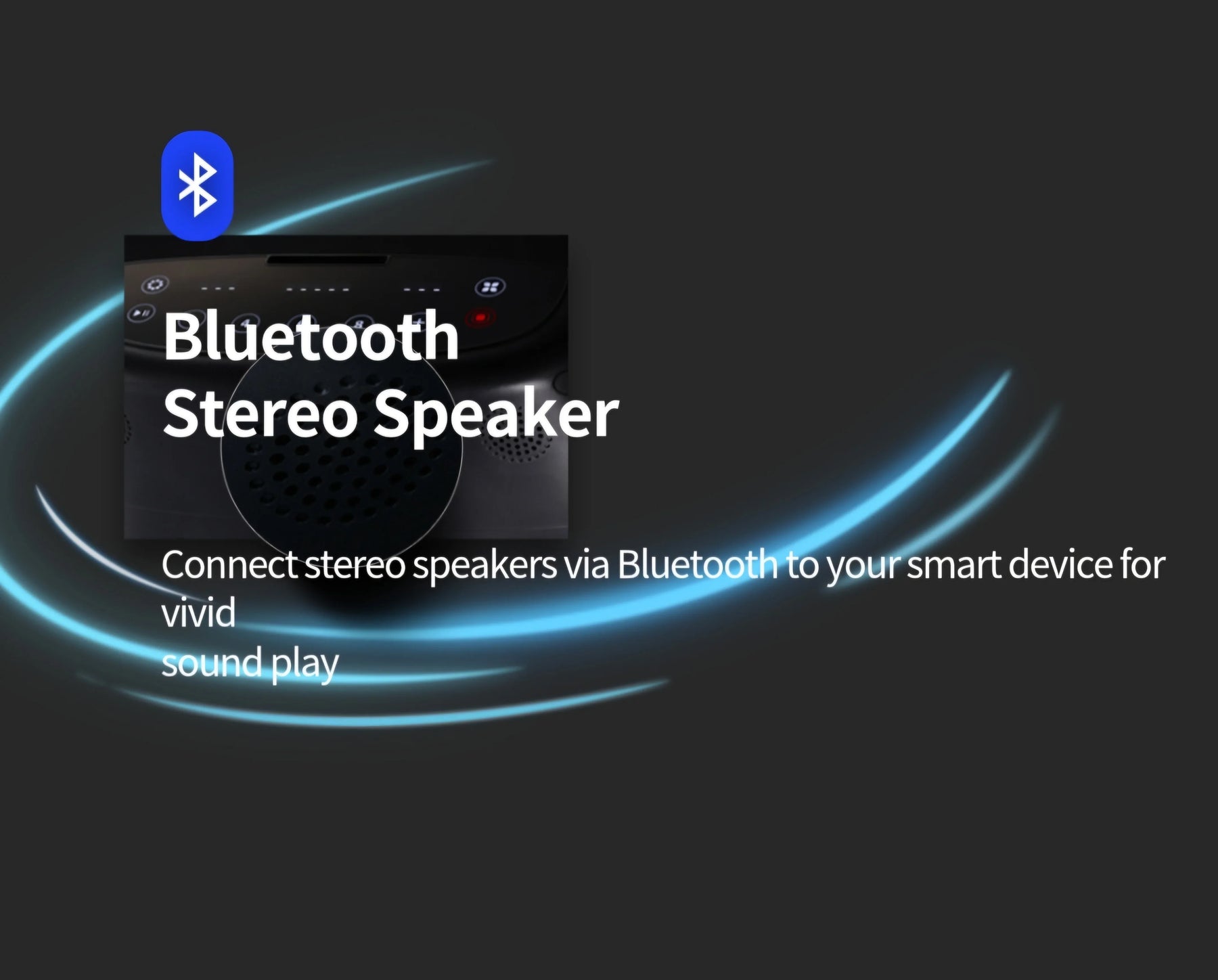 Bluetooth stereo speaker advertisement with vivid sound play text and smart device connection