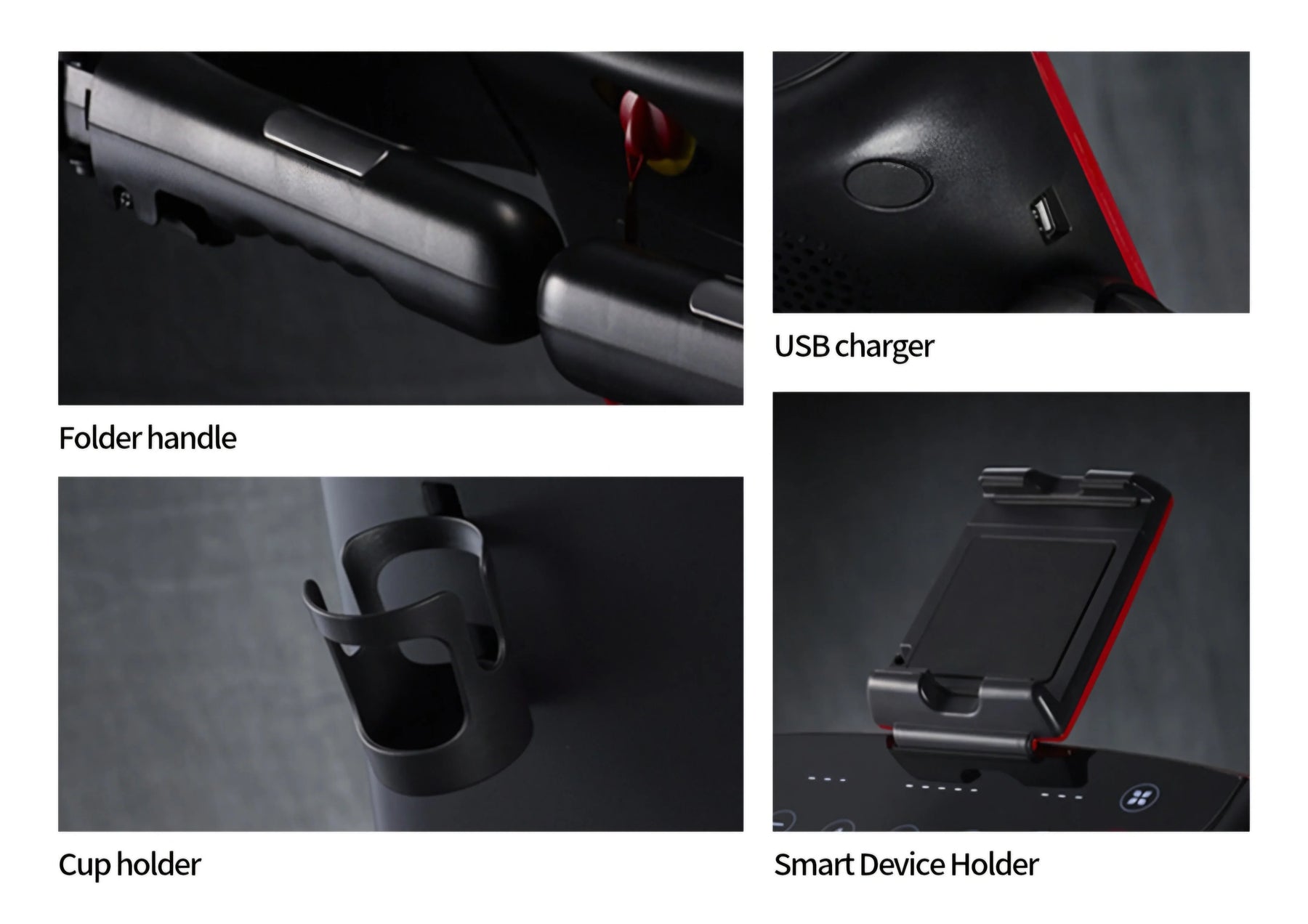 Treadmill features close-up with cup holder, folder handle, USB charger, and smart device holder.