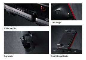 Treadmill features close-up with cup holder, folder handle, USB charger, and smart device holder.