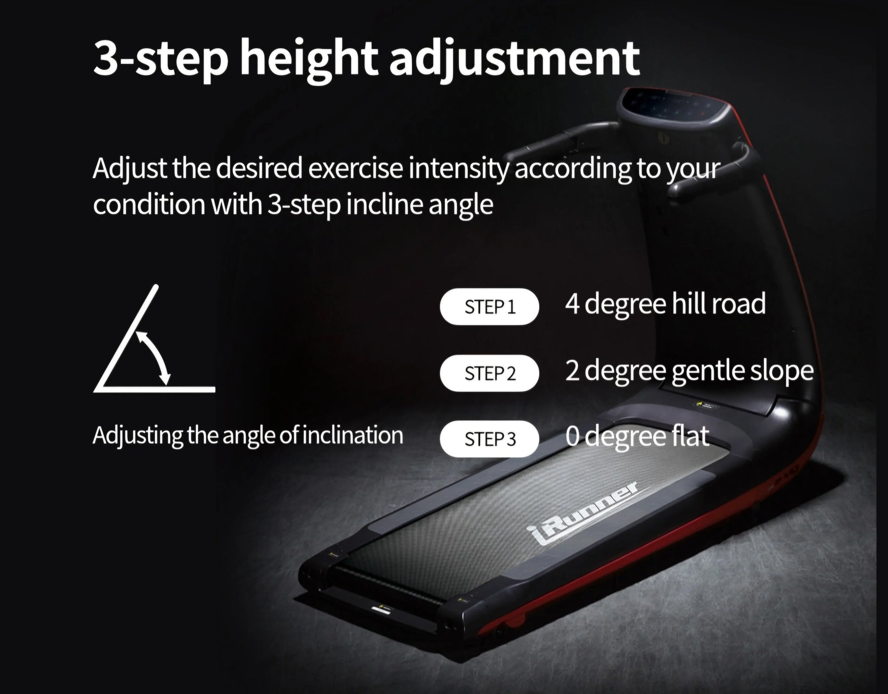 iRunner treadmill with 3-step height adjustment and incline angle options shown