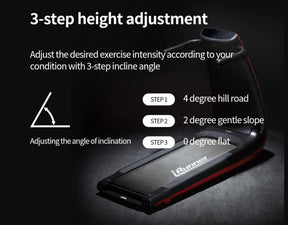 iRunner treadmill with 3-step height adjustment and incline angle options shown