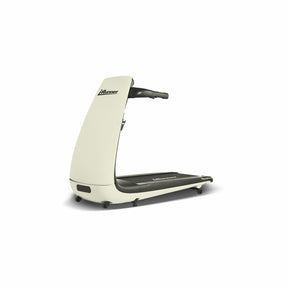 A sleek iRunner Ivory Whisper treadmill with a foldable, compact design, shown in an elegant ivory finish, available in UK